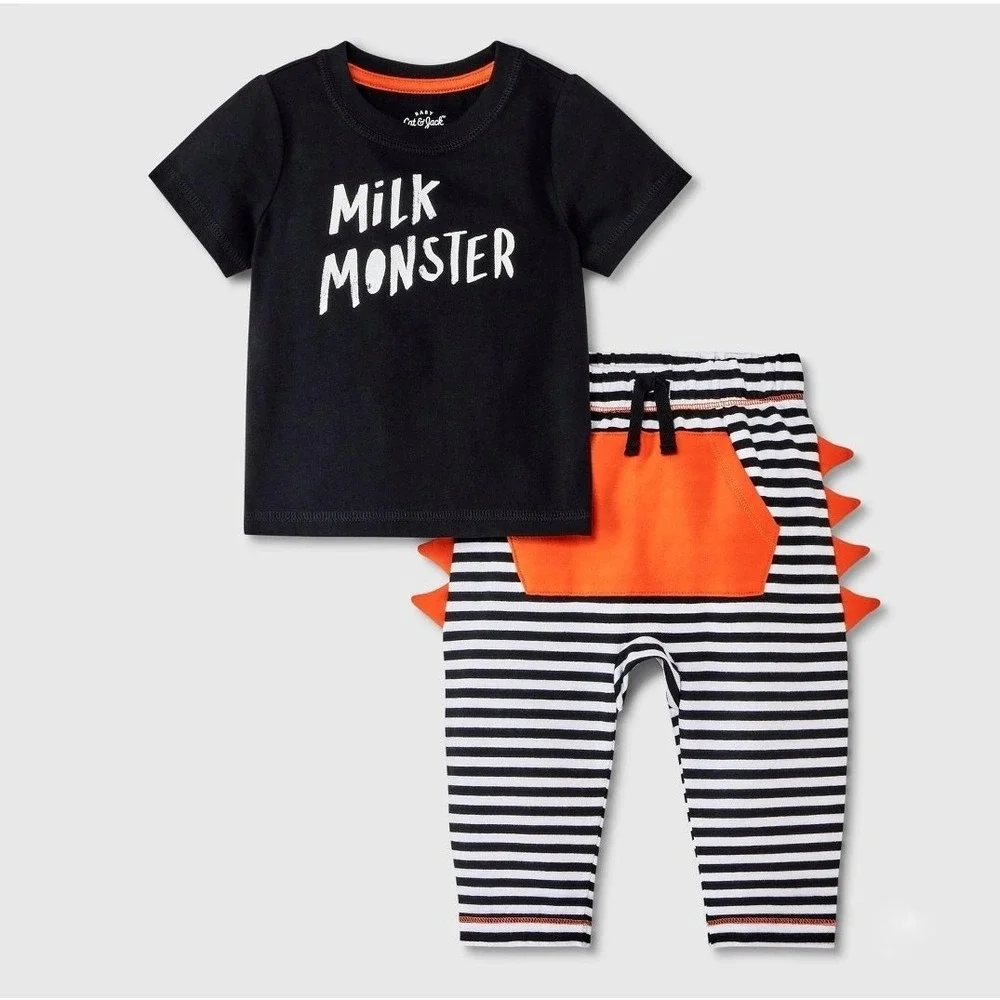 Cat & Jack Milk Monster Halloween Outfit Baby 3-6M Black Orange NWT Dino Spikes